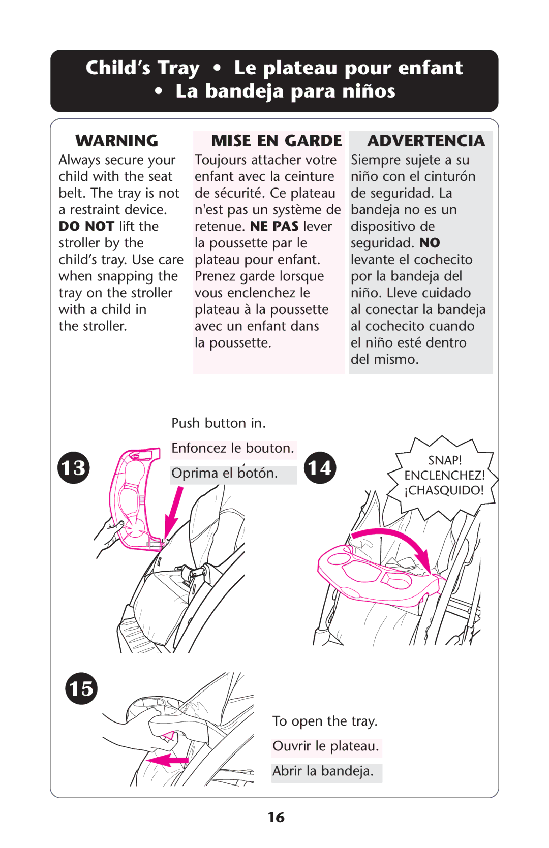 Graco ISPA173AA manual Child’s Tray Le plateau pour enfant La bandeja para niños, Mise EN Garde Advertencia 