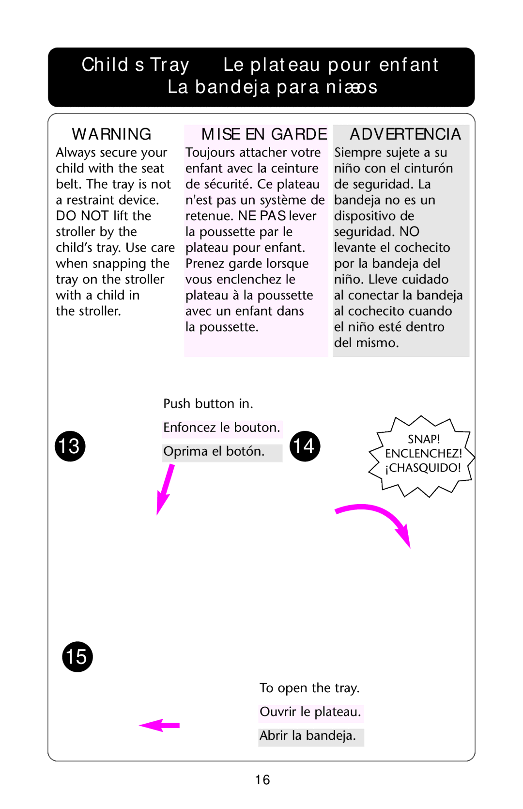 Graco ISPA173AB manual Child’s Tray Le plateau pour enfant La bandeja para niños, Mise EN Garde Advertencia 