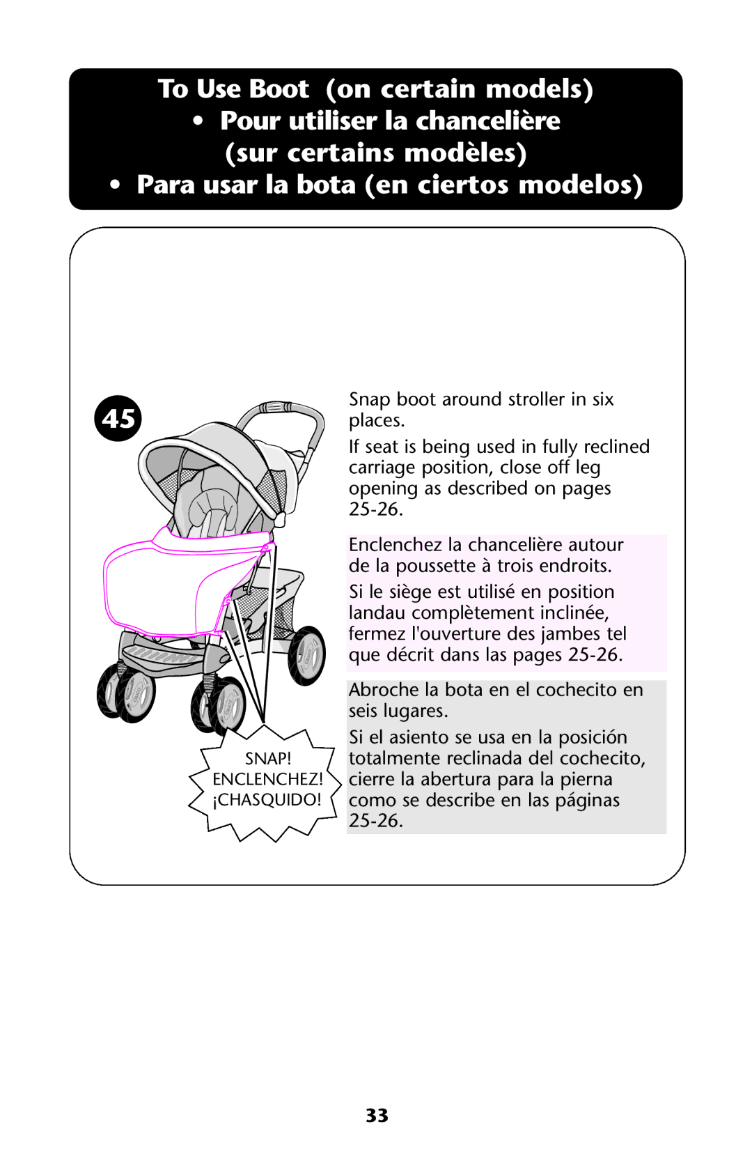 Graco ISPA173AB manual To Use Boot on certain models, Para usar la bota en ciertos modelos 