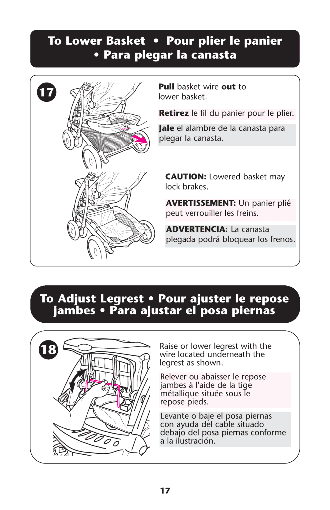 Graco ISPA178AB manual To Lower Basket Pour plier le panier Para plegar la canasta 