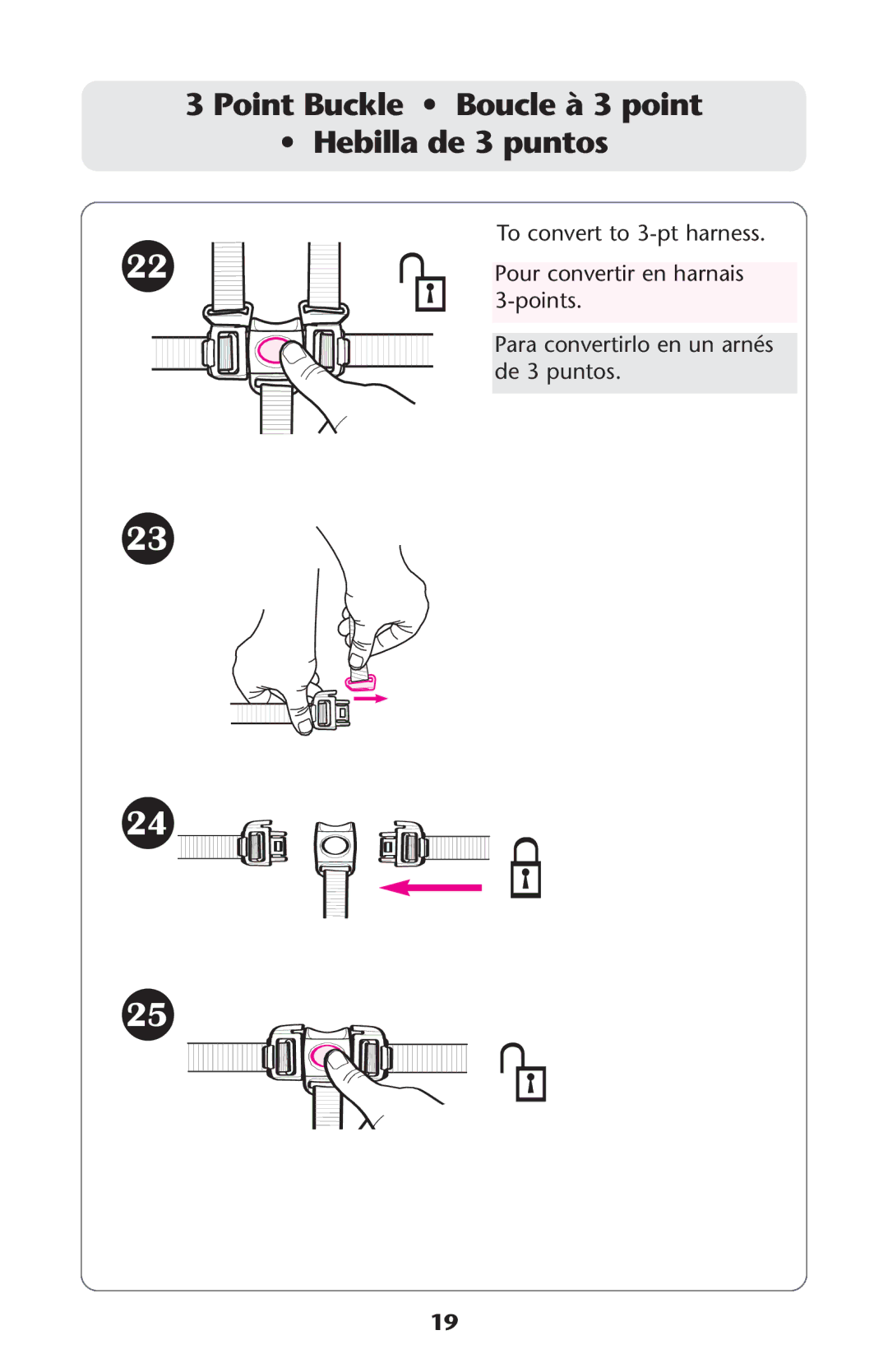 Graco ISPA178AB manual Point Buckle Boucle à 3 point Hebilla de 3 puntos 