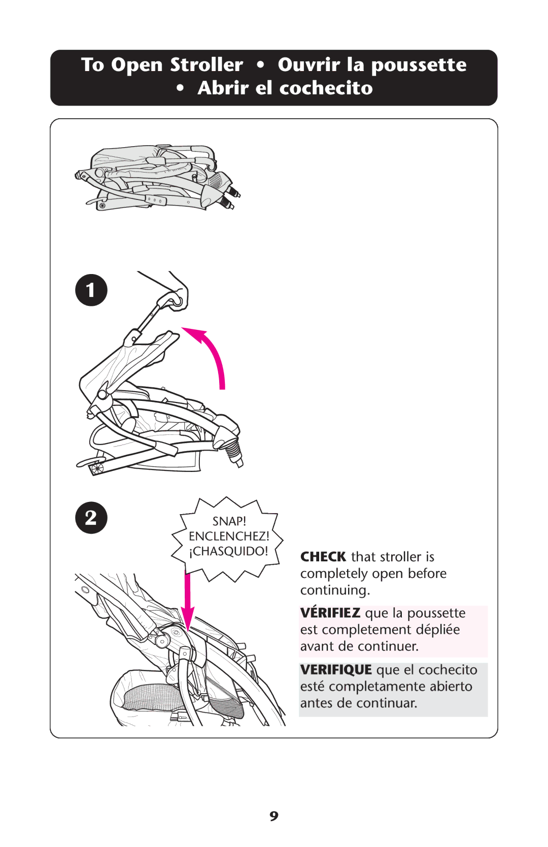 Graco ISPA178AB manual To Open Stroller Ouvrir la poussette Abrir el cochecito 