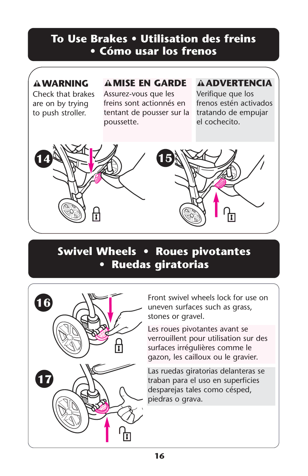 Graco ISPA189AA owner manual To Use Brakes Utilisation des freins Cómo usar los frenos 