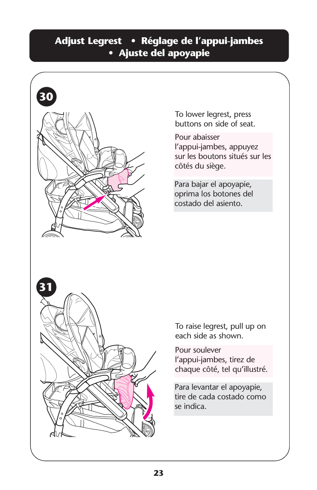 Graco ISPA189AA owner manual AdjustLegrest Réglage de l’appui-jambes Ajuste del apoyapie 