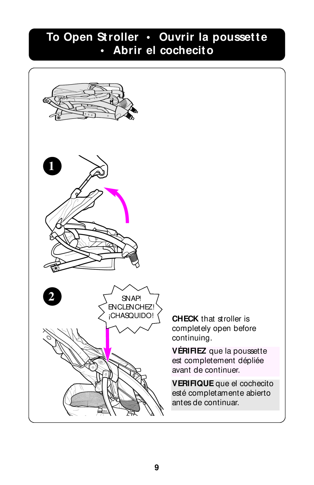 Graco ISPA204AA owner manual To Open Stroller Ouvrir la poussette Abrir el cochecito 