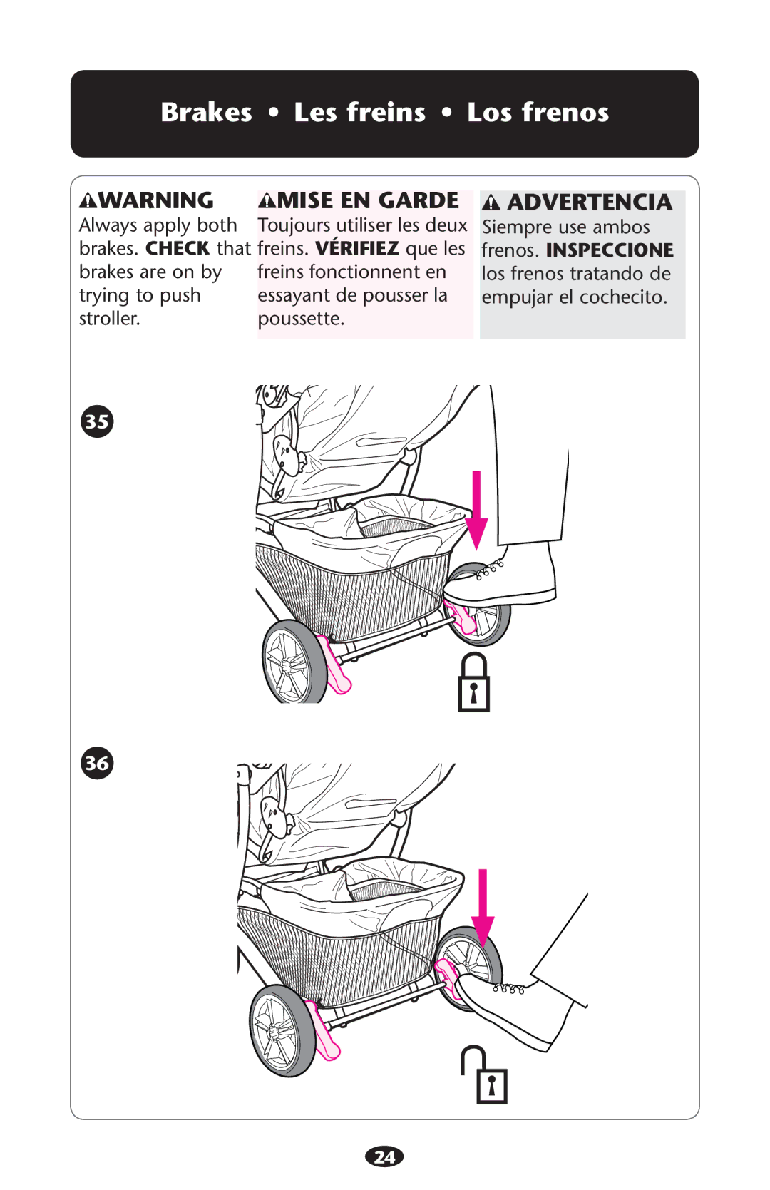 Graco ISPA216AB manual Brakes Les freins Los frenos, Frenos. Inspeccione 