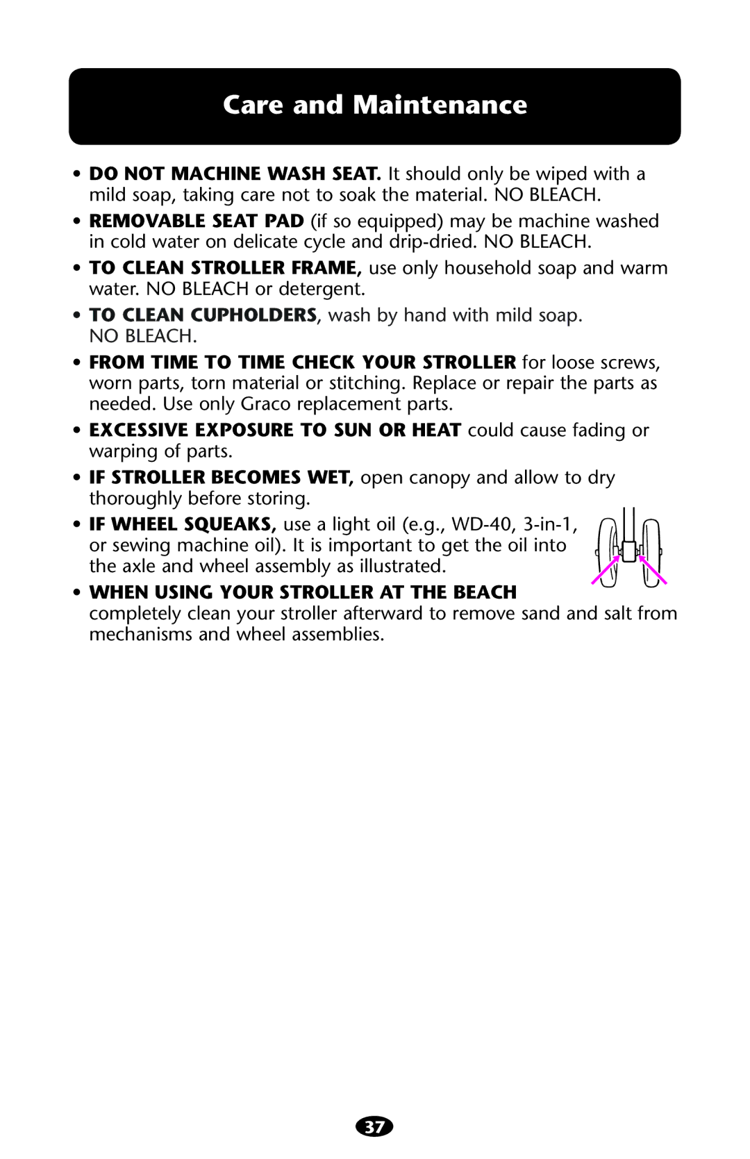 Graco ISPA216AB manual Care and Maintenance, When Using Your Stroller At The Beach 