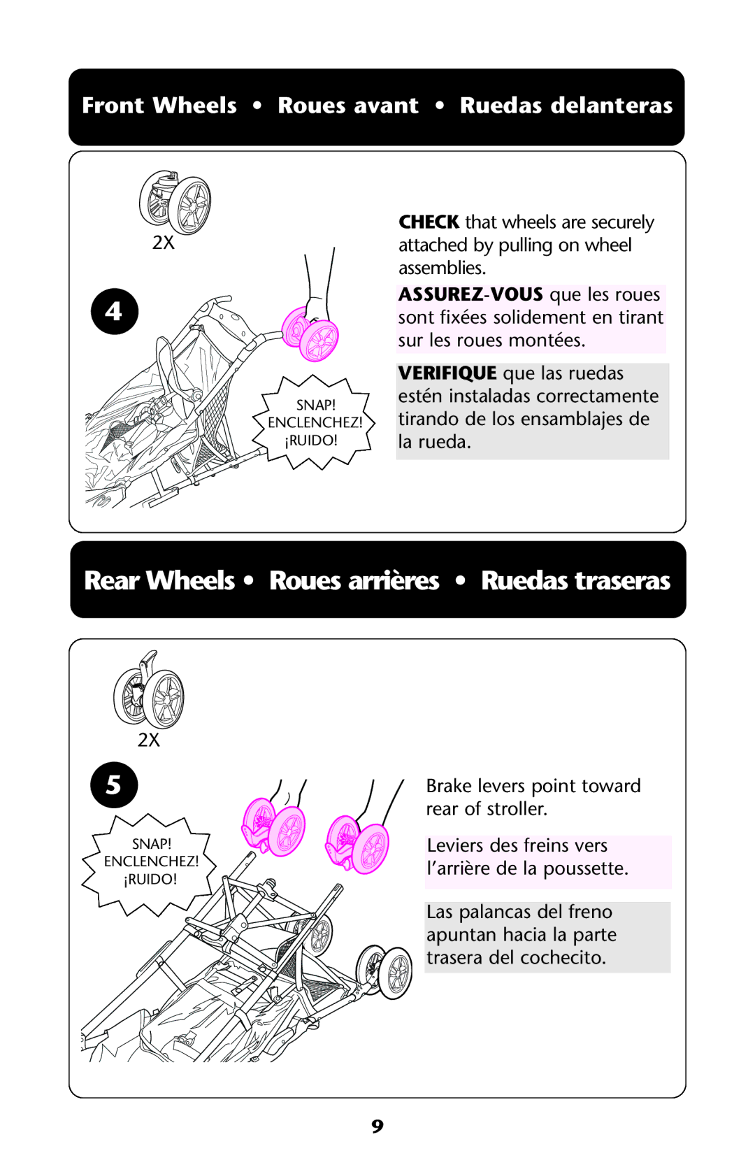 Graco ISPA228AA owner manual RearWheels Rouesarrières Ruedastraseras, Front Wheels Roues avant Ruedas delanteras 