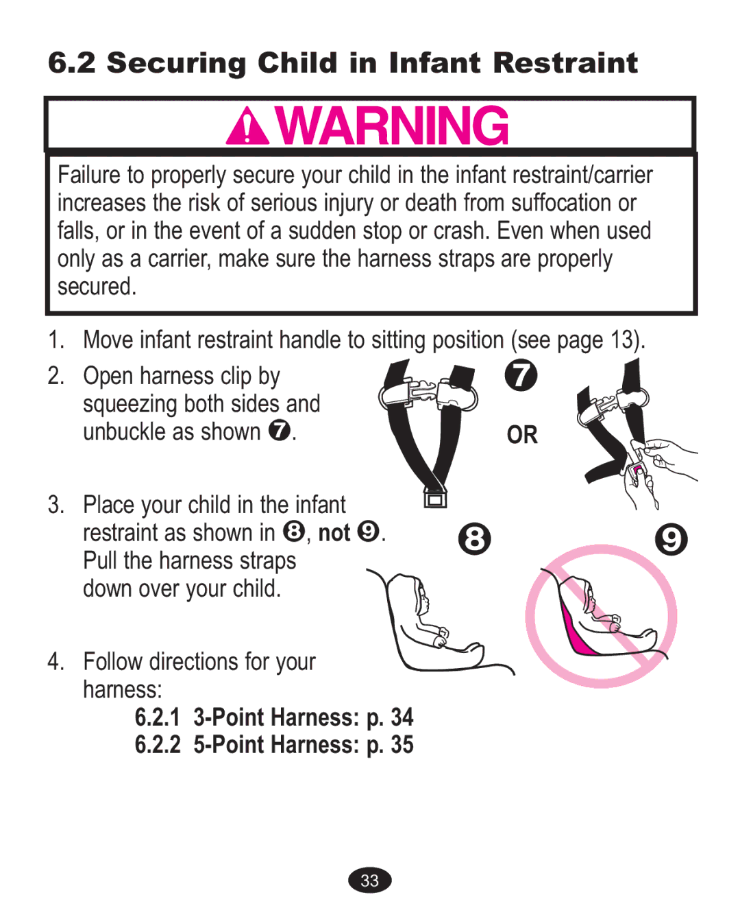 Graco ISPA237AA owner manual Securing Child in Infant Restraint, Point Harness p 