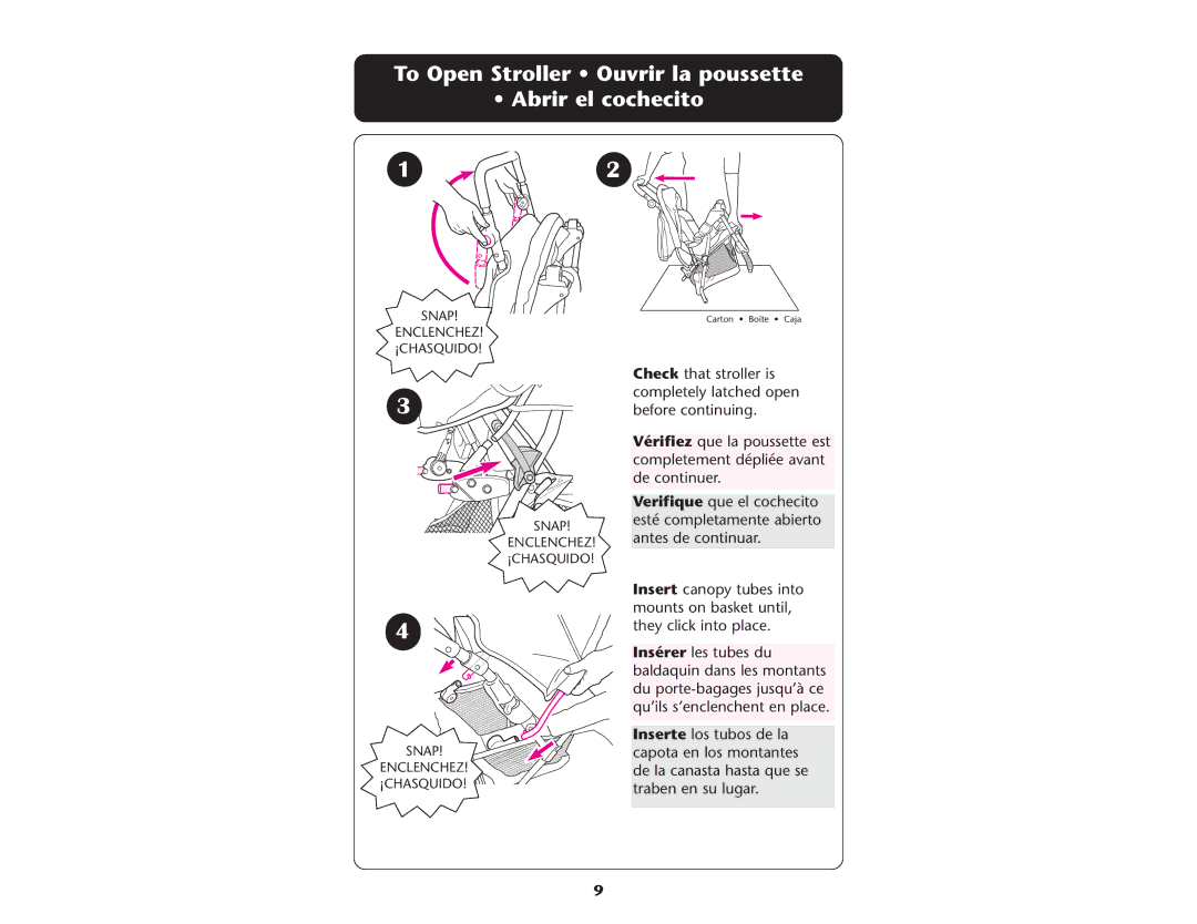 Graco ISPA237AA owner manual To Open Stroller Ouvrir la poussette Abrir el cochecito 