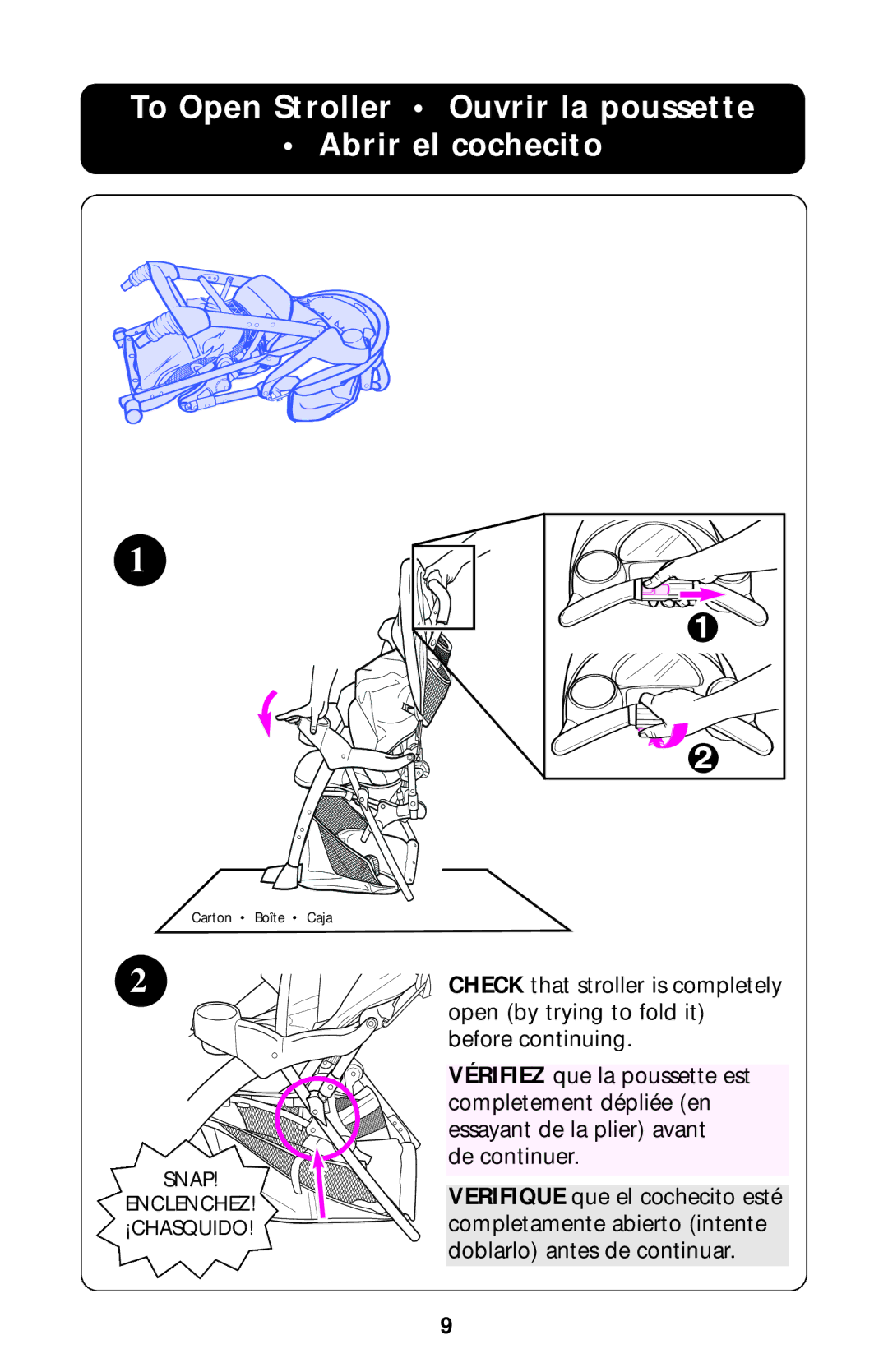 Graco ISPA238AB manual To Open Stroller Ouvrir la poussette Abrir el cochecito 