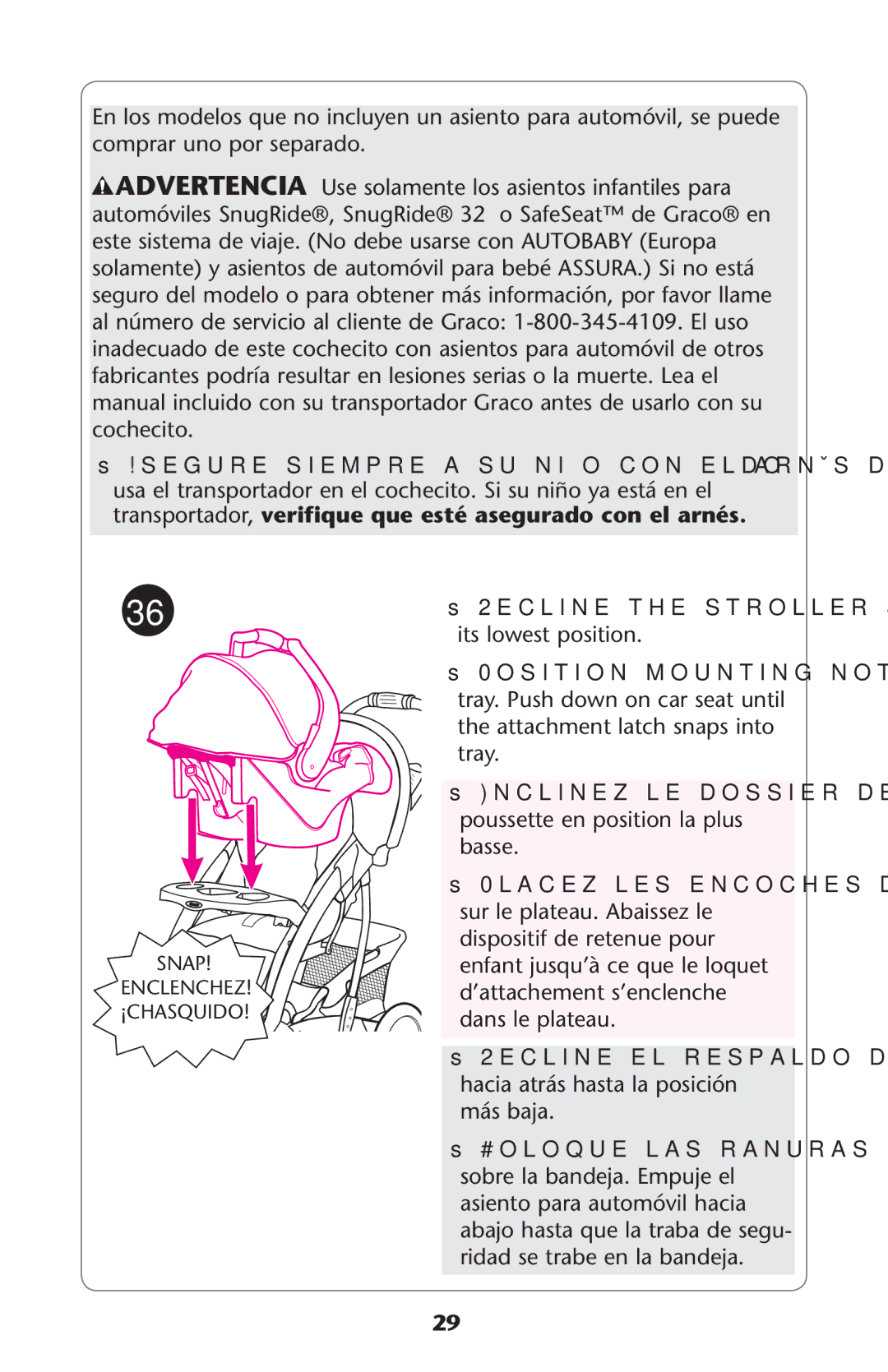 Graco 1752033, ISPA273AB owner manual Ss2ECLINELTHEHSTROLLER Seat Back to its lowest position 