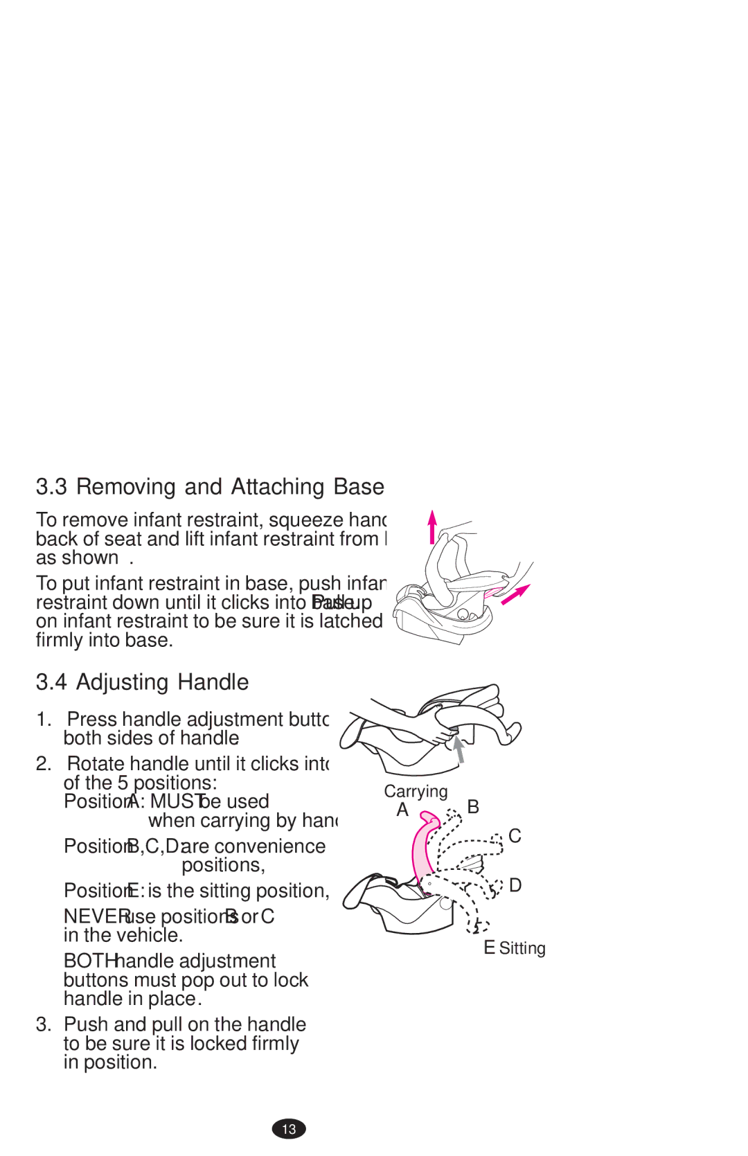 Graco 1752033, ISPA273AB Removing and Attaching Base, Adjusting Handle, Never use positions B or C in the vehicle 