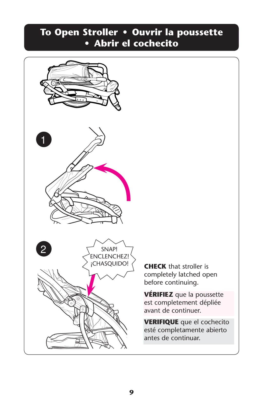 Graco ISPA273AB owner manual To Open Stroller Ouvrir la poussette Abrir el cochecito 