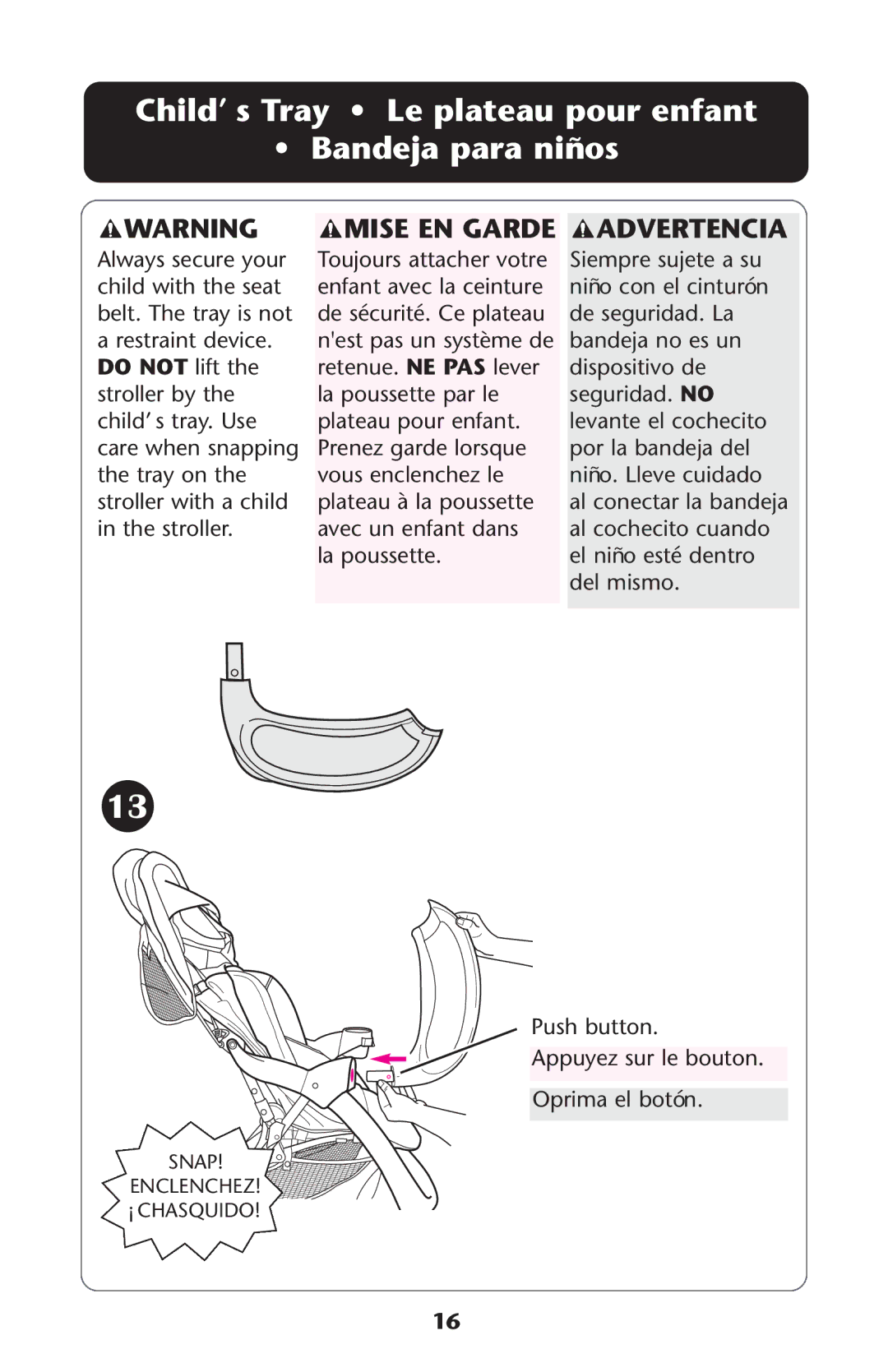 Graco ISPA338AA owner manual Child’ s Tray Le plateau pour enfant Bandeja para niños, Mise EN Garde 