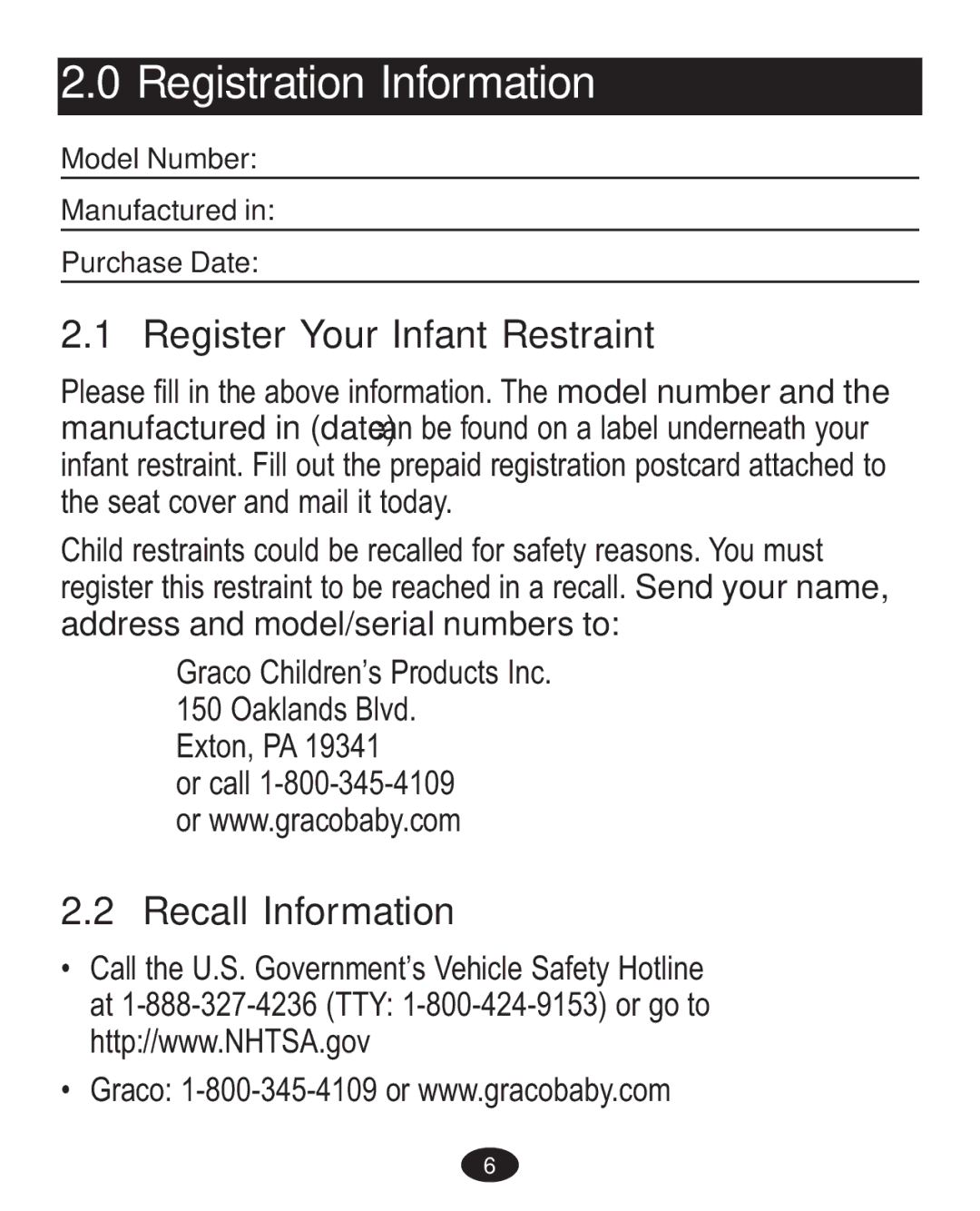 Graco ISPA338AA owner manual Registration Information, Register Your Infant Restraint, Recall Information 