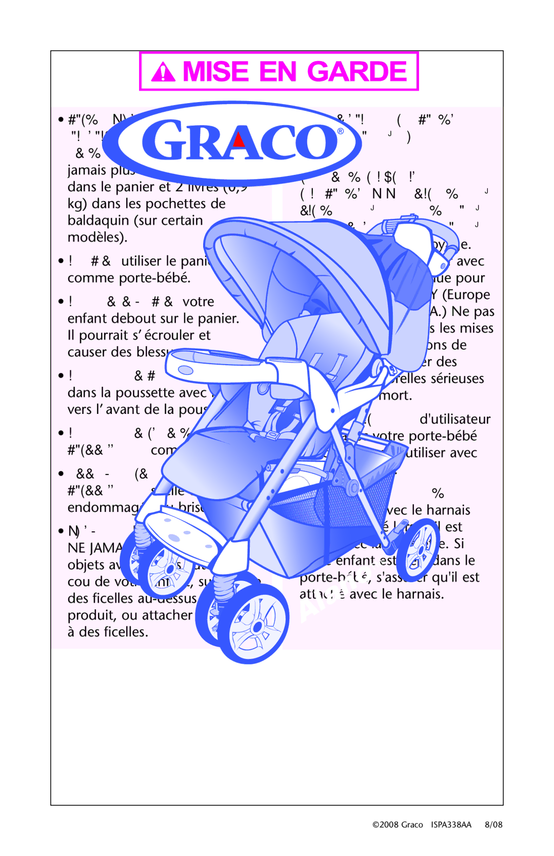 Graco ISPA338AA owner manual NE PAS utiliser le panier comme porte-bébé 