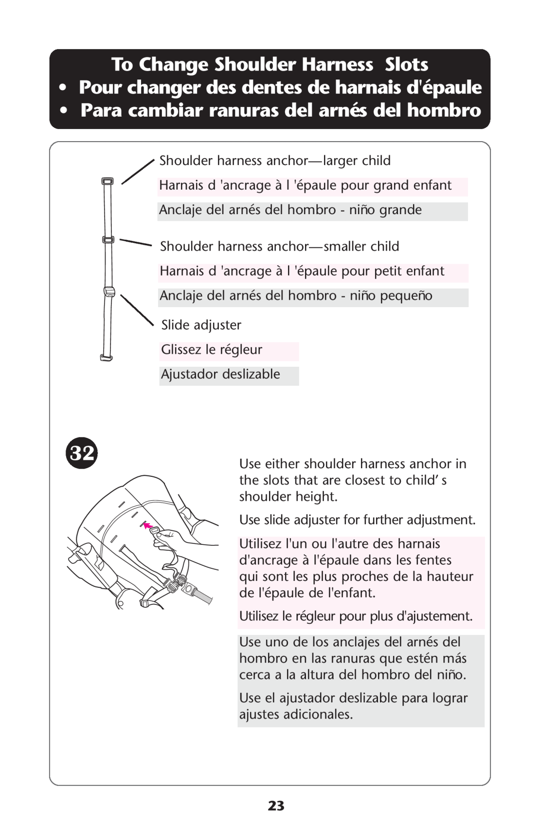 Graco ISPA338AA owner manual To Change Shoulder Harness Slots, Pour changer des dentes de harnais dépaule 