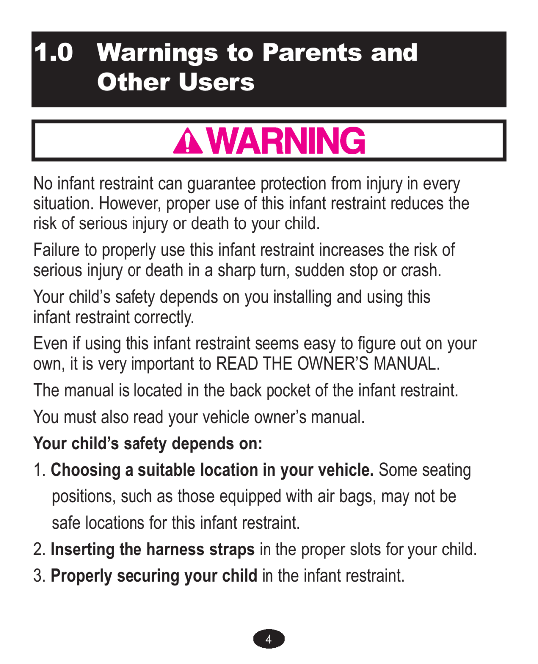 Graco ISPA338AA owner manual Warnings to Parents and Other Users, Your child’s safety depends on 