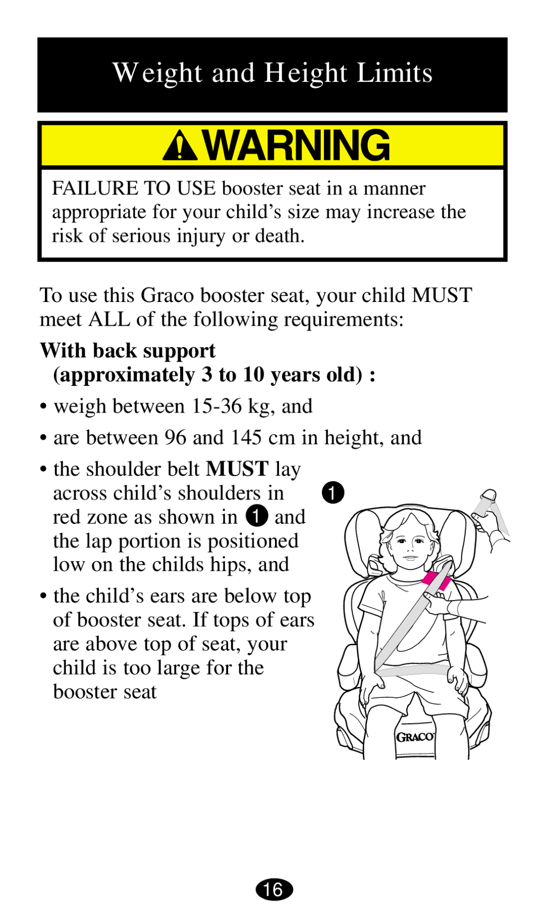 Graco ISPB004HB owner manual Weight and Height Limits, Across child’s shoulders 