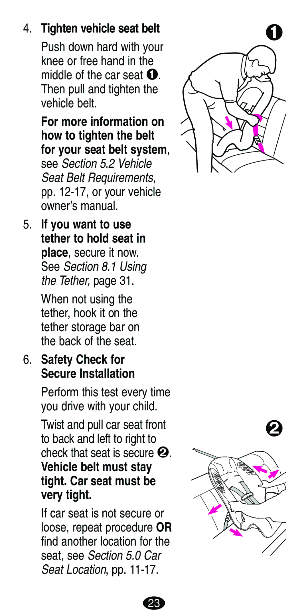 Graco ISPB007BD manual Tighten vehicle seat belt, Push down hard with your, Twist and pull car seat front 