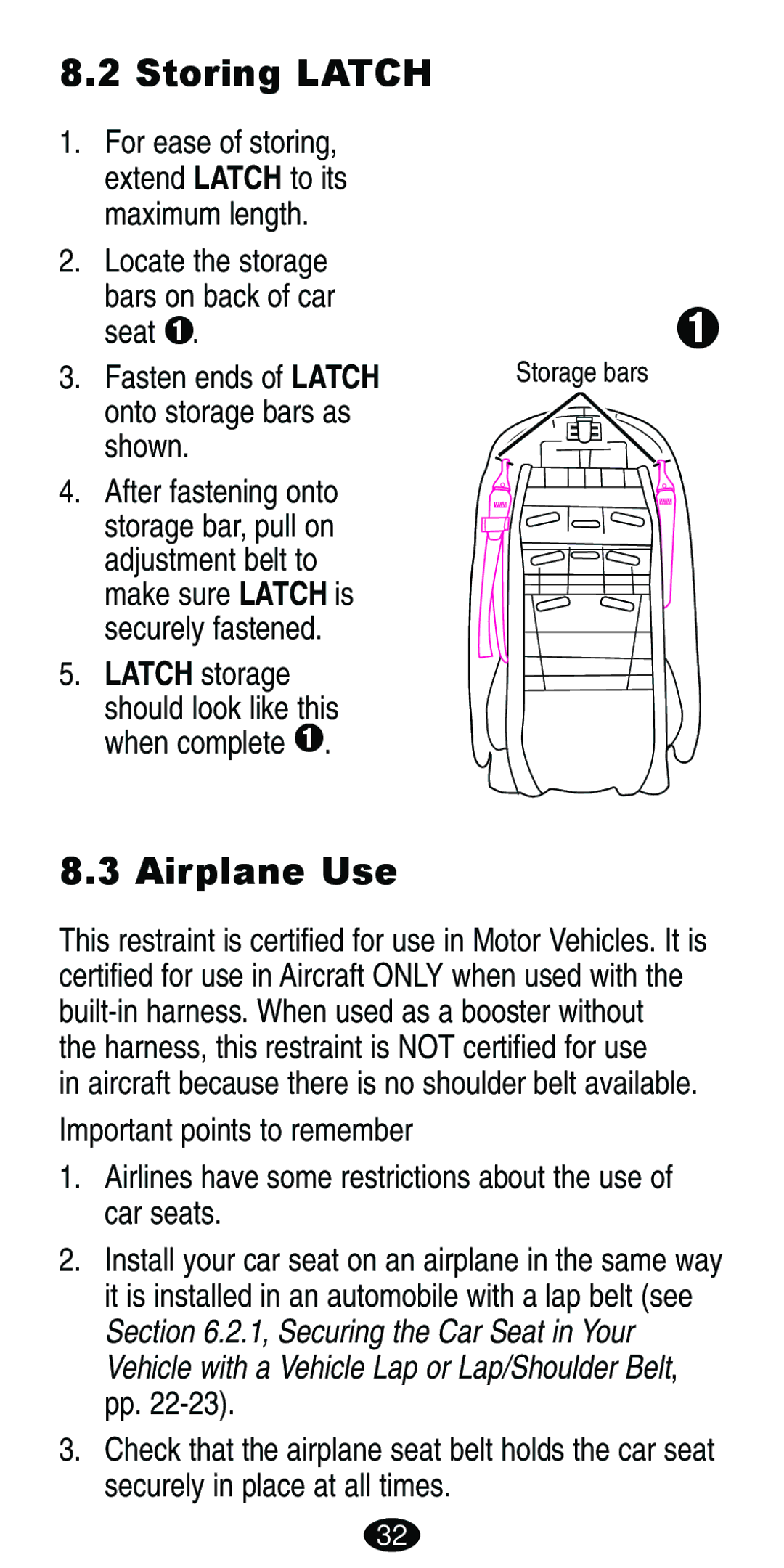 Graco ISPB007BD manual Storing Latch, Airplane Use, Locate the storage Bars on back of car seat ™, Latch storage 