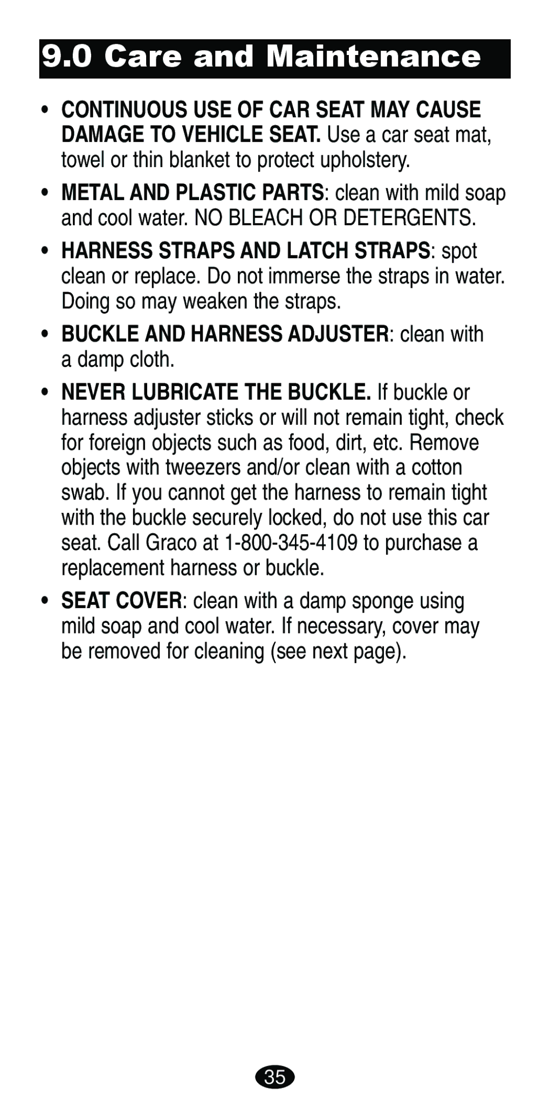 Graco ISPB007BD manual Care and Maintenance, Buckle and Harness Adjuster clean with a damp cloth 