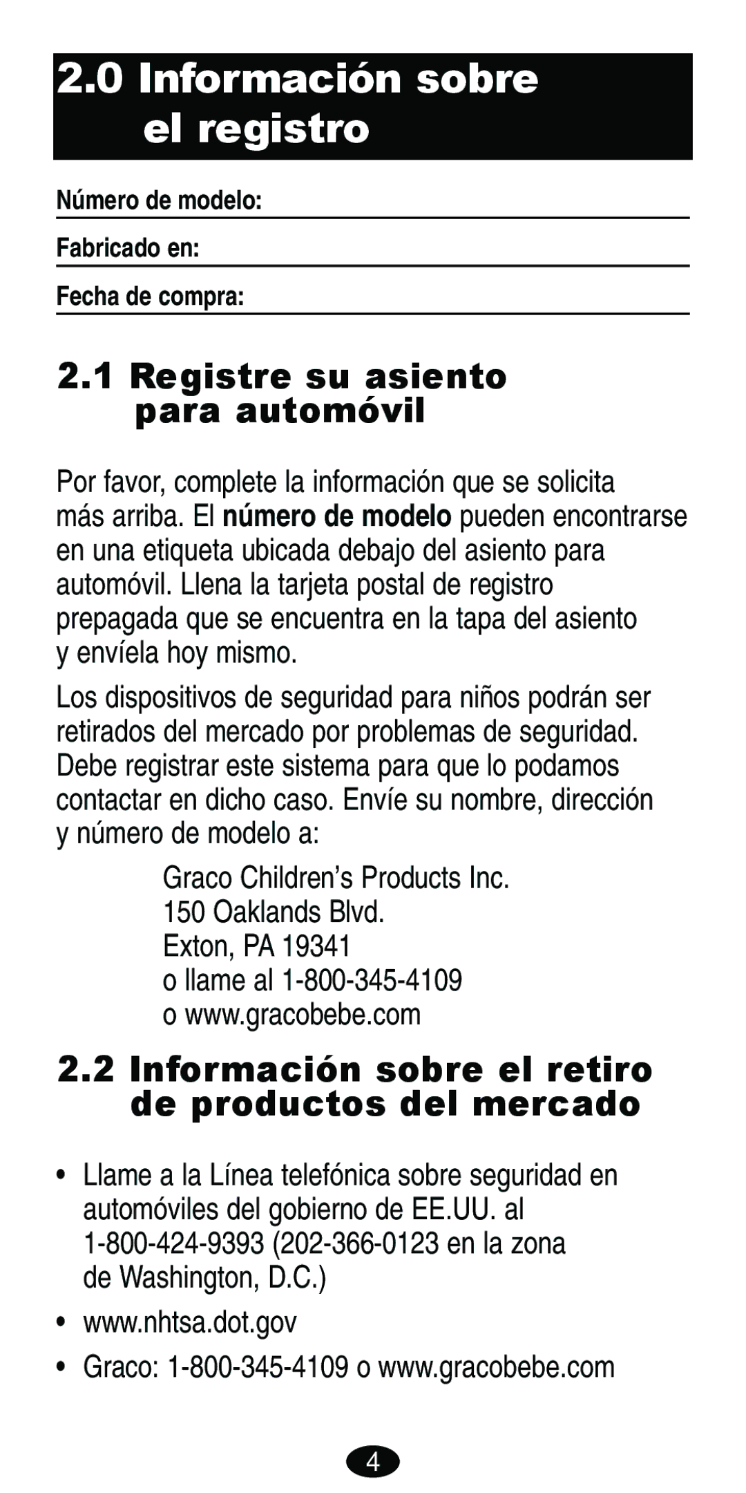 Graco ISPB007BD manual Información sobre el registro, Registre su asiento para automóvil 