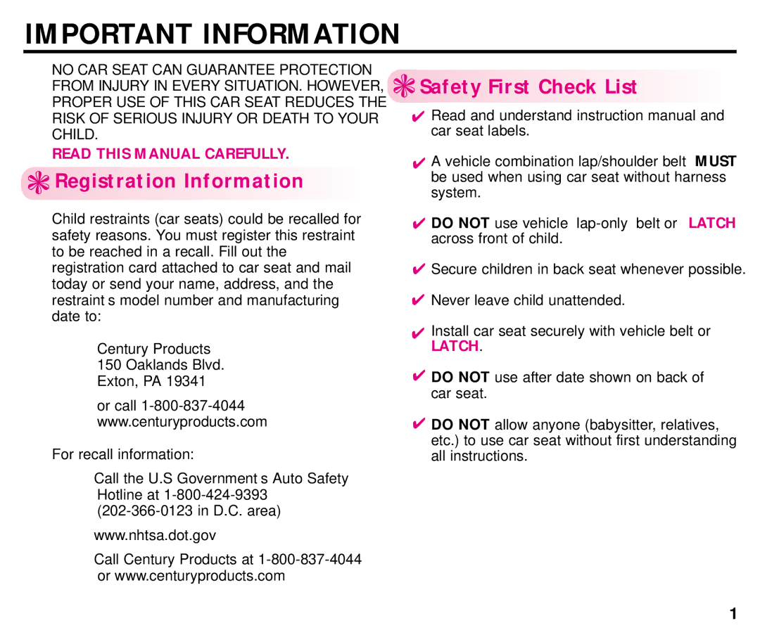 Graco ISPB008BC 1/03 manual Important Information, Registration Information, Safety First Check List 