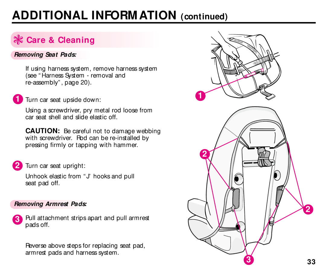 Graco ISPB008BC 1/03 manual Care & Cleaning, Removing Seat Pads, Removing Armrest Pads 