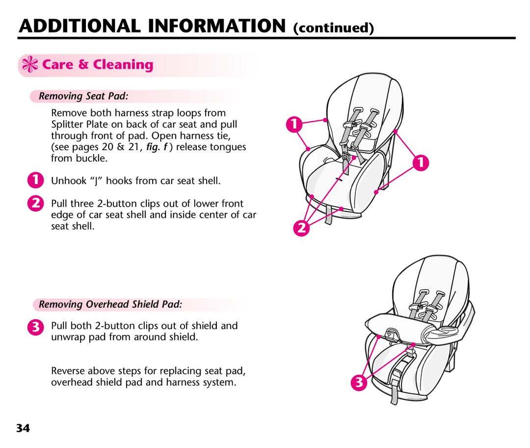 Graco ISPC001BA manual Care & Cleaning, Removing Seat Pad, Removing Overhead Shield Pad 