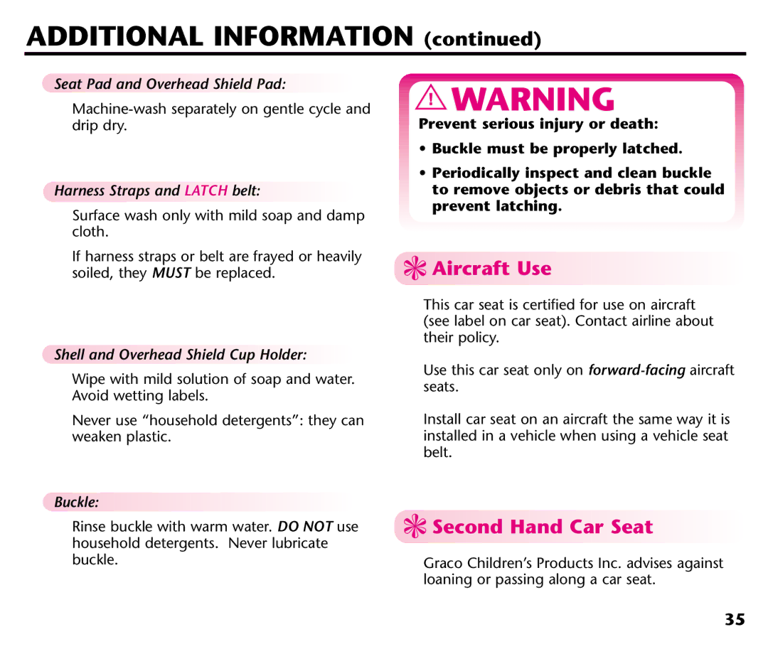 Graco ISPC001BA manual Aircraft Use, Second Hand Car Seat 