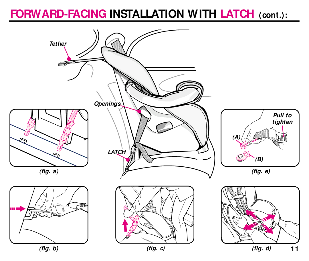 Graco ISPC008BA 08/02 manual FORWARD-FACING Installation with Latch, Tether Openings Pull to tighten 