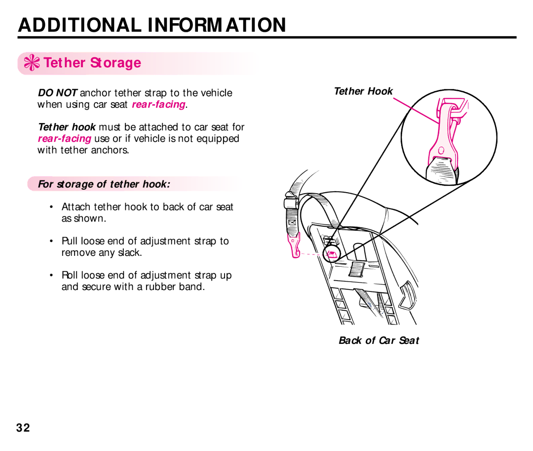 Graco ISPC008BA 08/02 Additional Information, Tether Storage, For storage of tether hook, Tether Hook Back of Car Seat 