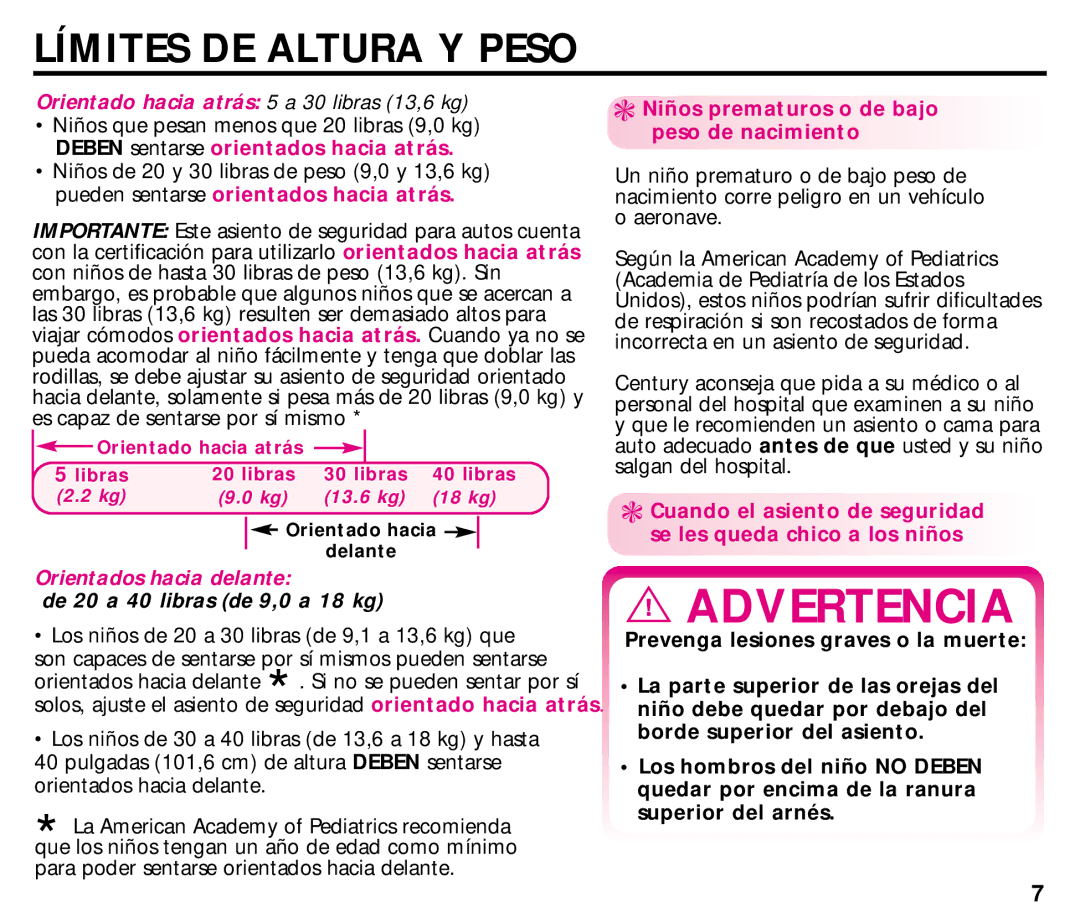 Graco ISPC008BA 08/02 manual Límites DE Altura Y Peso, De 20 a 40 libras de 9,0 a 18 kg 