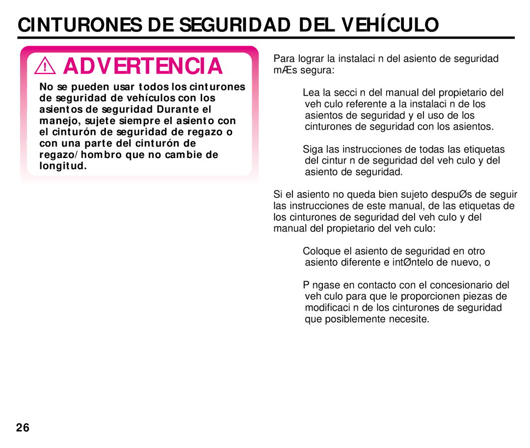 Graco ISPC008BA 08/02 manual Cinturones DE Seguridad DEL Vehículo 