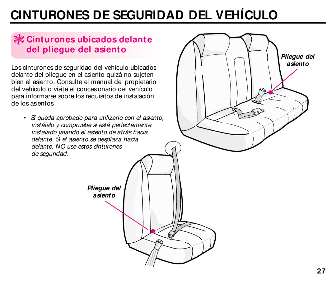 Graco ISPC008BA 08/02 manual Cinturones ubicados delante del pliegue del asiento, Pliegue del Asiento 