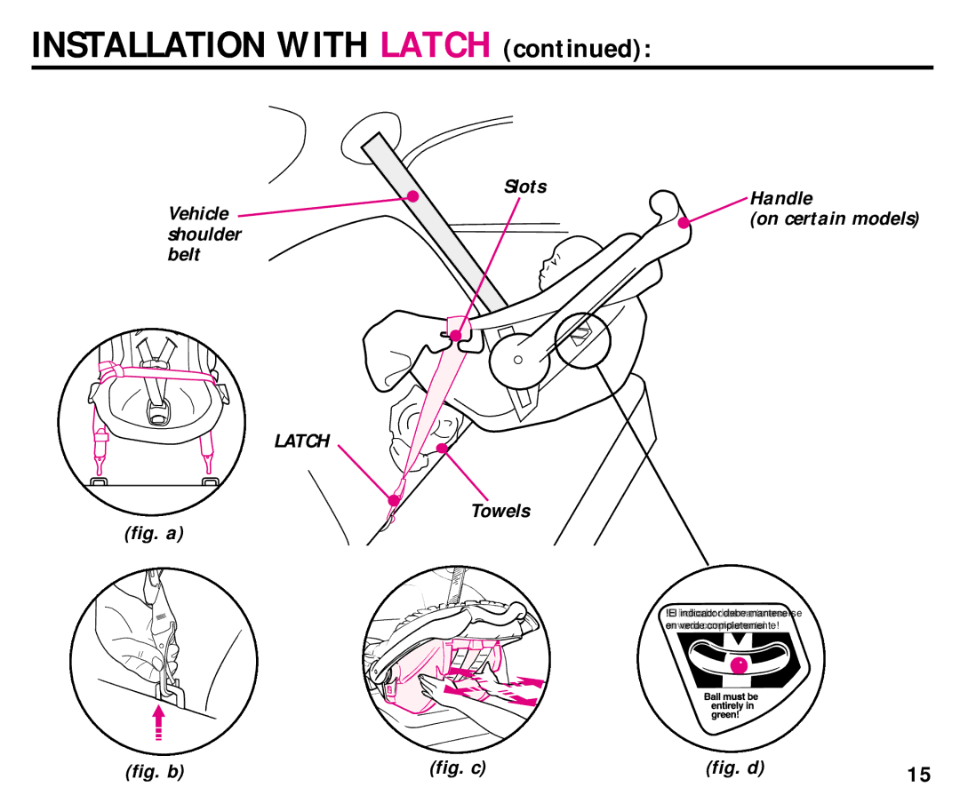 Graco ISPC014BB manual Installation with Latch, Slots Handle Vehicleon certain models shoulder Belt 