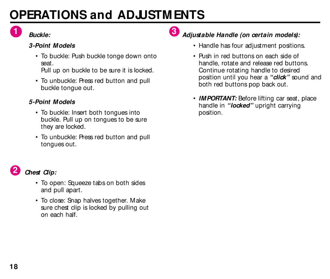 Graco ISPC014BB manual Operations and Adjustments, Buckle Adjustable Handle on certain models Point Models, Chest Clip 