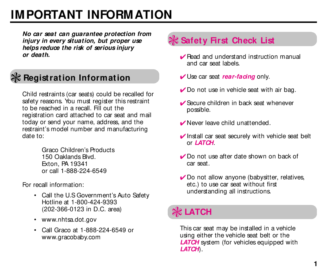 Graco ISPC014BB manual Important Information, Registration Information 