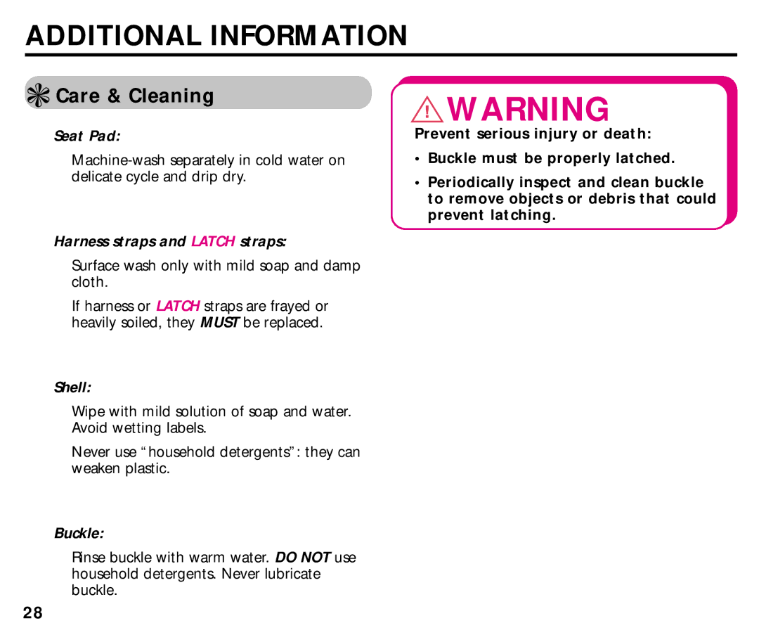 Graco ISPC014BB manual Additional Information, Care & Cleaning 