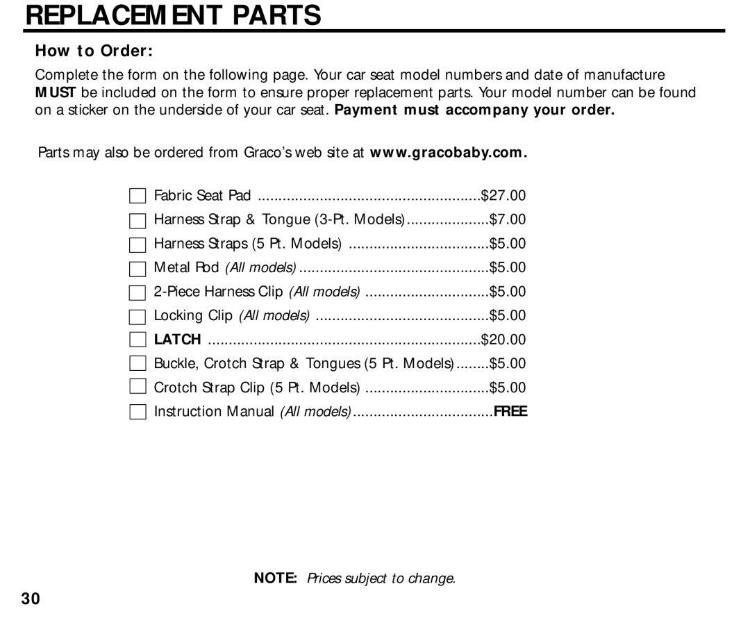 Graco ISPC014BB manual Replacement Parts, How to Order 