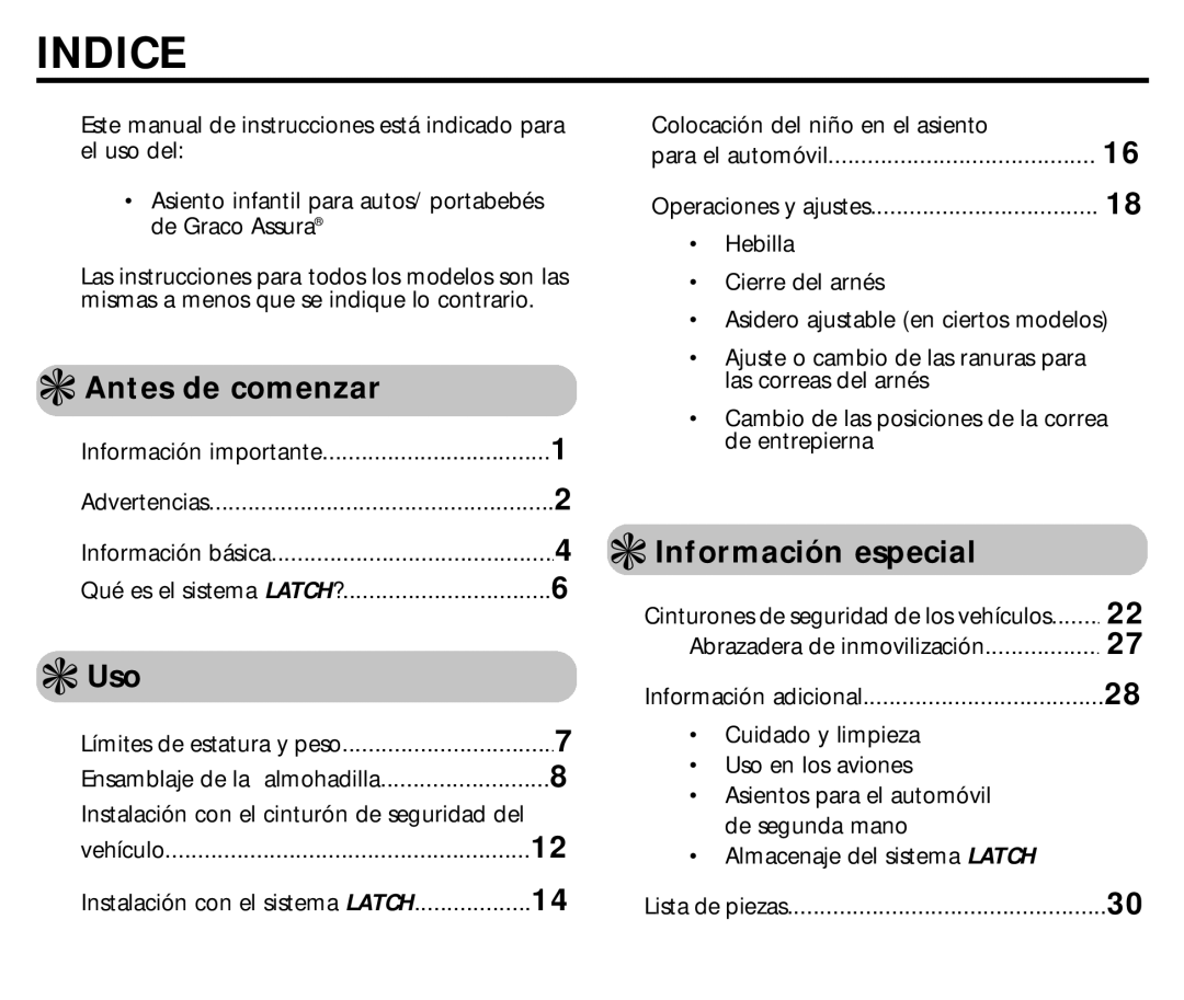 Graco ISPC014BB manual Indice, Antes de comenzar, Uso, Información especial 