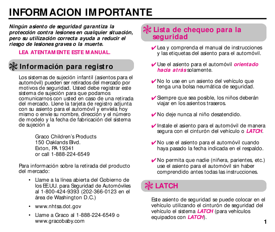 Graco ISPC014BB manual Informacion Importante, Información para registro 