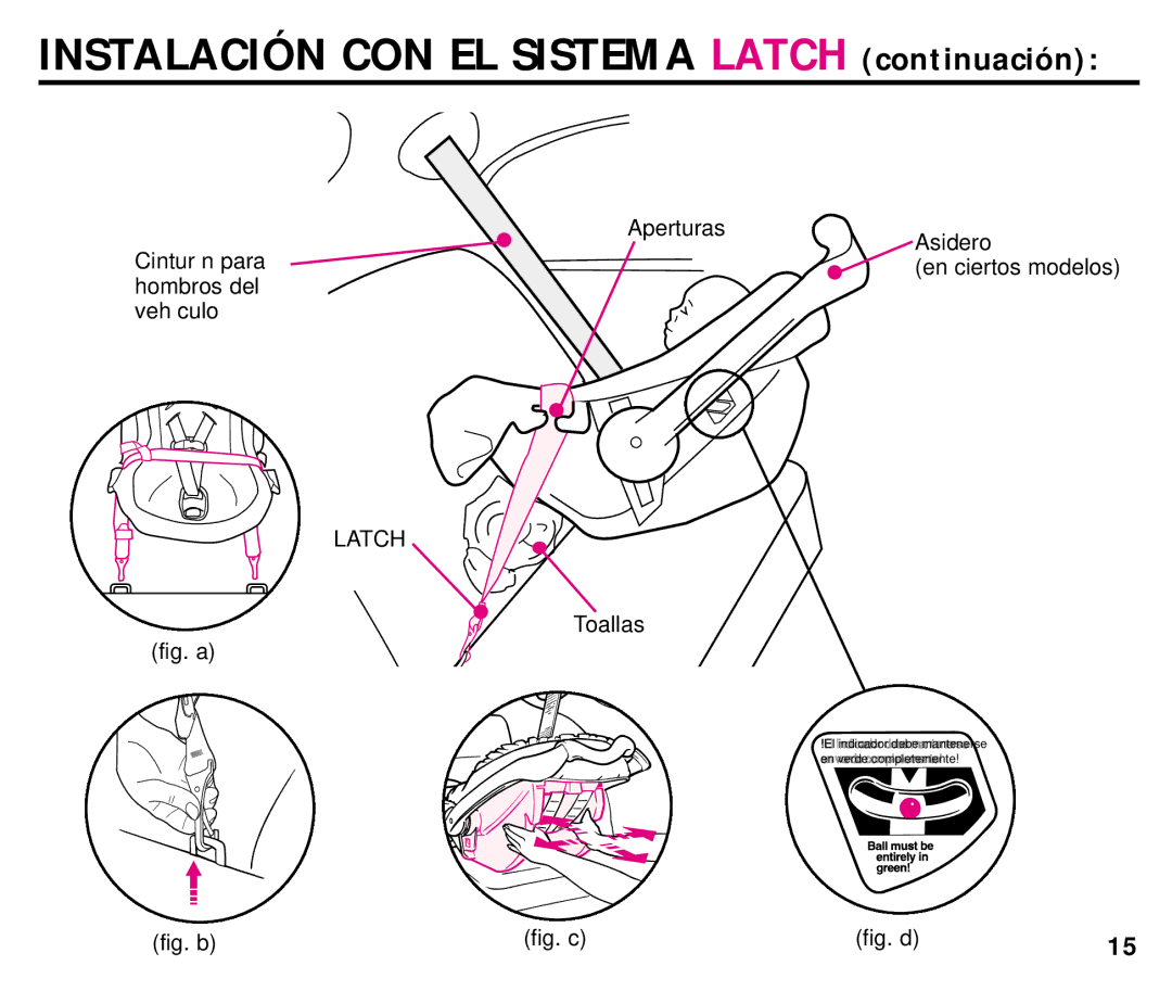 Graco ISPC014BB manual Instalación CON EL Sistema Latch continuación, Aperturas Asidero Cinturón para, Hombros del Vehículo 