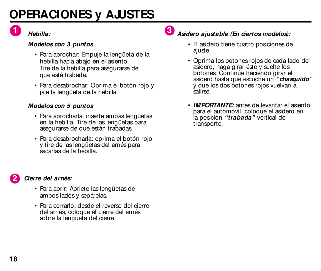 Graco ISPC014BB manual Operaciones y Ajustes, Para abrochar Empuje la lengüeta de la Ajuste, Modelos con 5 puntos 