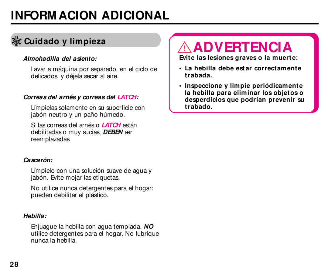 Graco ISPC014BB manual Informacion Adicional, Cuidado y limpieza 