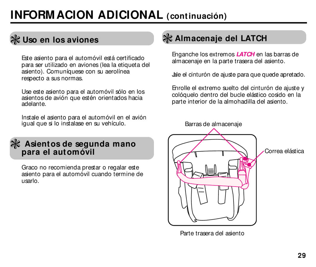 Graco ISPC014BB manual Informacion Adicional continuación, Uso en los aviones, Asientos de segunda mano para el automóvil 