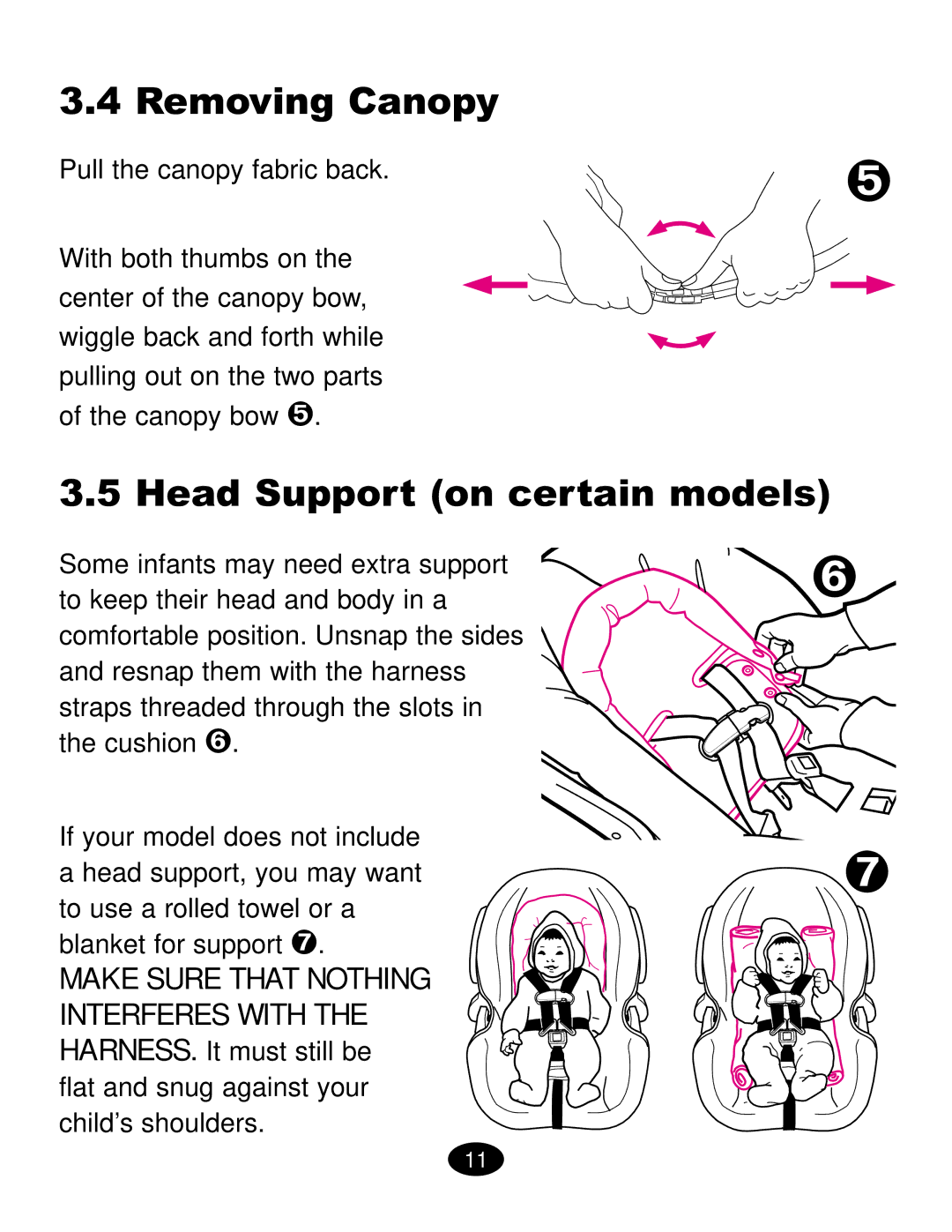 Graco ISPC019CB owner manual Removing Canopy, Head Support on certain models, Pull the canopy fabric back 