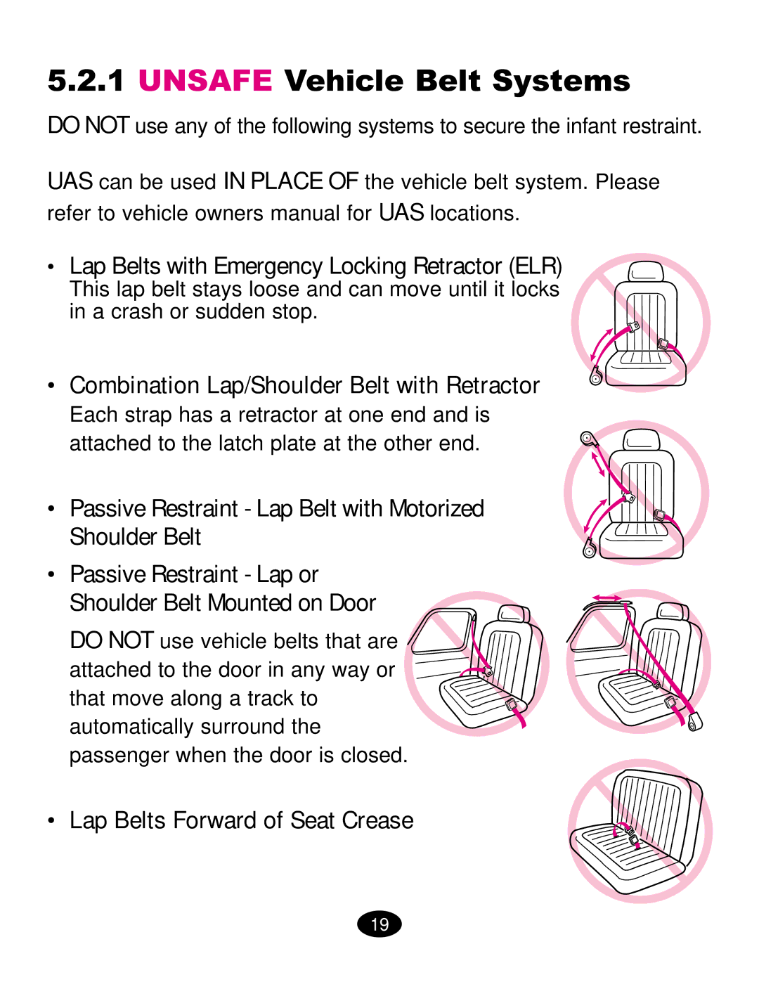 Graco ISPC019CB owner manual Unsafe Vehicle Belt Systems, Passive Restraint Lap Belt with Motorized Shoulder Belt 